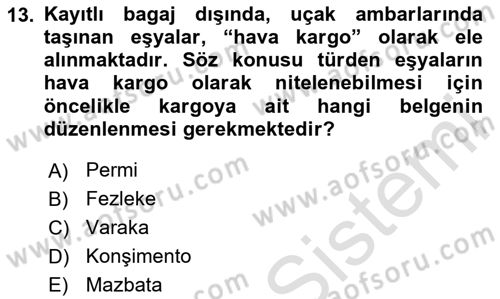 Havacılık Güvenliği Dersi 2023 - 2024 Yılı Yaz Okulu Sınavı 13. Soru