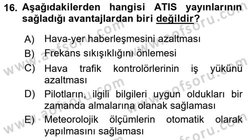 Hava Trafik Kontrol Hizmetleri Dersi Ara Sınavı Deneme Sınav Soruları 16. Soru