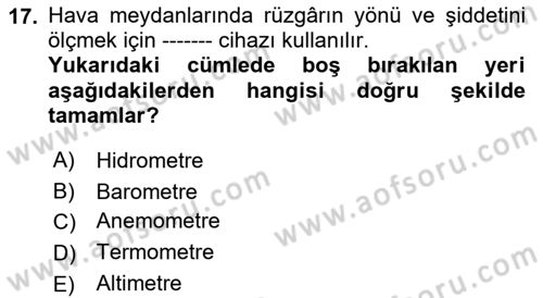 Hava Trafik Kontrol Hizmetleri Dersi Ara Sınavı Deneme Sınav Soruları 17. Soru