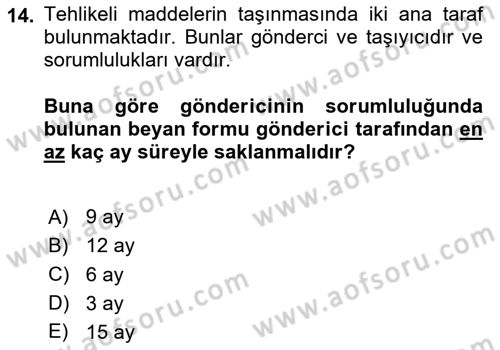 Hava Kargo Ve Tehlikeli Maddeler Dersi 2023 - 2024 Yılı (Final) Dönem Sonu Sınav Soruları 14. Soru