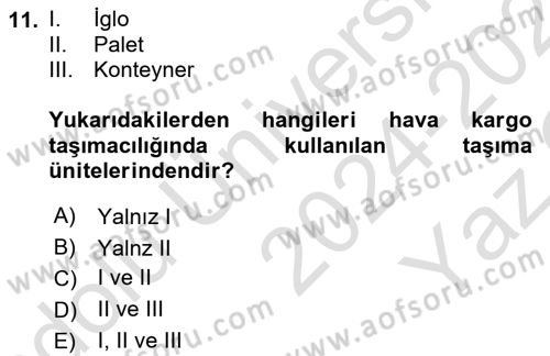 Hava Kargo Ve Tehlikeli Maddeler Dersi 2024 - 2025 Yılı Yaz Okulu Sınav Soruları 11. Soru