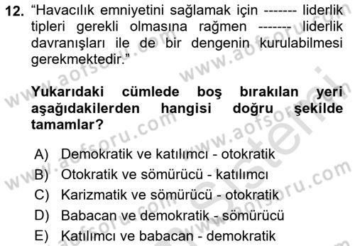 Havacılık Emniyeti Dersi 2020 - 2021 Yılı Yaz Okulu Sınav Soruları 12. Soru