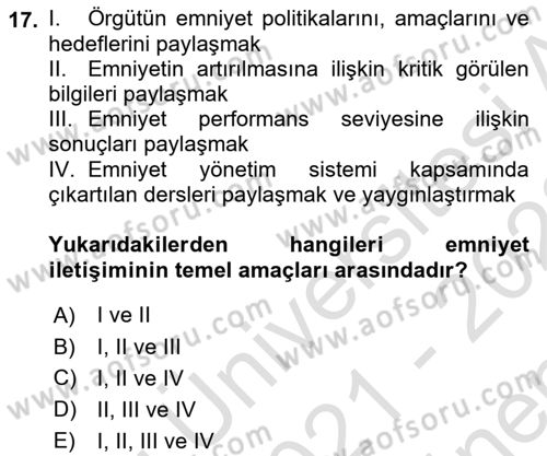 Havacılık Emniyeti Dersi 2021 - 2022 Yılı (Final) Dönem Sonu Sınav Soruları 17. Soru