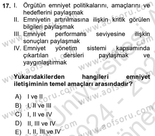 Havacılık Emniyeti Dersi 2024 - 2025 Yılı (Final) Dönem Sonu Sınav Soruları 17. Soru