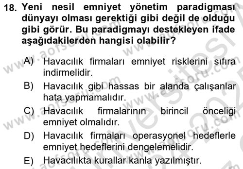 Havacılık Emniyeti Dersi 2024 - 2025 Yılı Yaz Okulu Sınav Soruları 18. Soru
