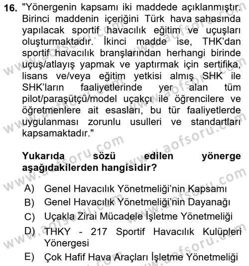 Genel Havacılık Dersi 2022 - 2023 Yılı Yaz Okulu Sınav Soruları 16. Soru