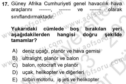 Genel Havacılık Dersi 2023 - 2024 Yılı (Vize) Ara Sınav Soruları 17. Soru