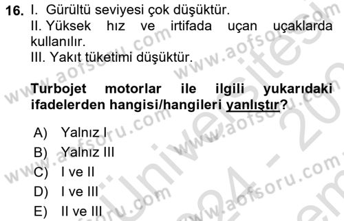 Genel Havacılık Dersi 2024 - 2025 Yılı (Final) Dönem Sonu Sınav Soruları 16. Soru