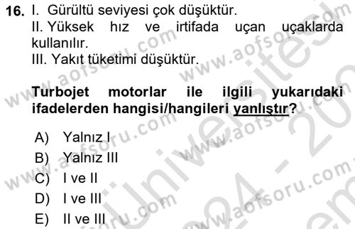 Genel Havacılık Dersi 2024 - 2025 Yılı (Final) Dönem Sonu Sınav Soruları 16. Soru