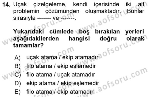 Havayolu İşletmelerinde Operasyonel Planlama Dersi 2021 - 2022 Yılı Yaz Okulu Sınav Soruları 14. Soru