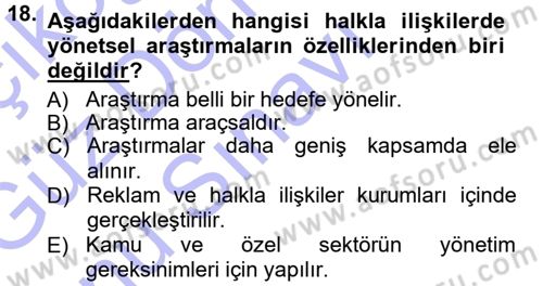 Halkla İlişkiler Dersi 2012 - 2013 Yılı (Final) Dönem Sonu Sınav Soruları 18. Soru