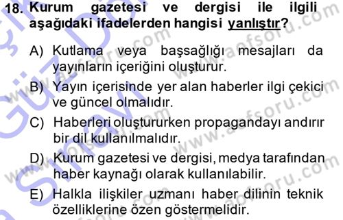 Halkla İlişkiler Dersi 2014 - 2015 Yılı (Vize) Ara Sınav Soruları 18. Soru