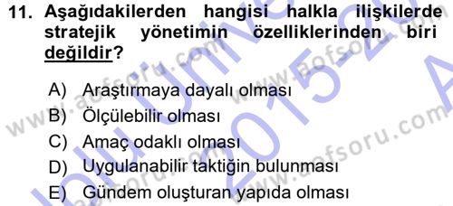 Halkla İlişkiler Dersi 2015 - 2016 Yılı (Vize) Ara Sınavı 11. Soru