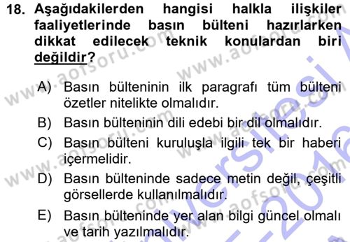 Halkla İlişkiler Dersi 2015 - 2016 Yılı (Vize) Ara Sınav Soruları 18. Soru
