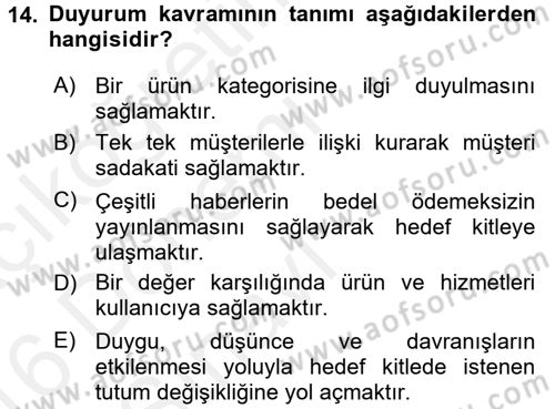Halkla İlişkiler Dersi 2015 - 2016 Yılı Tek Ders Sınav Soruları 14. Soru