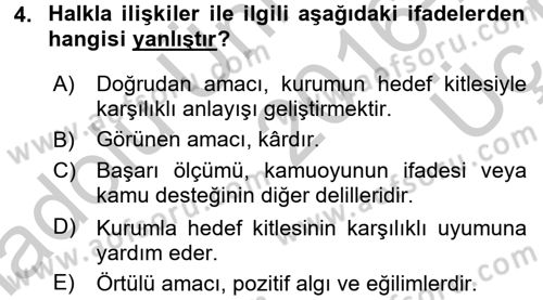 Halkla İlişkiler Dersi 2016 - 2017 Yılı 3 Ders Sınav Soruları 4. Soru