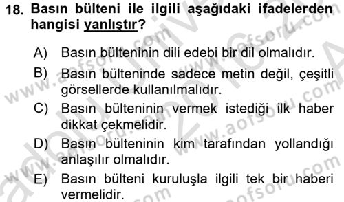 Halkla İlişkiler Dersi 2016 - 2017 Yılı (Vize) Ara Sınav Soruları 18. Soru