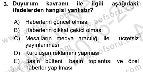 Halkla İlişkiler Dersi 2016 - 2017 Yılı (Vize) Ara Sınav Soruları 3. Soru