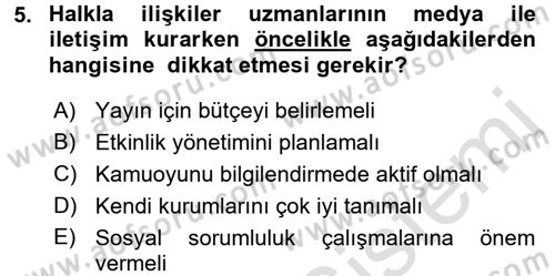 Halkla İlişkiler Dersi 2016 - 2017 Yılı (Vize) Ara Sınav Soruları 5. Soru