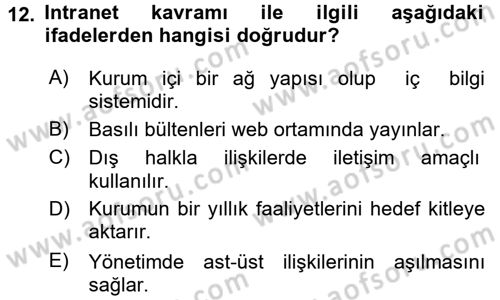 Halkla İlişkiler Dersi 2016 - 2017 Yılı (Final) Dönem Sonu Sınav Soruları 12. Soru