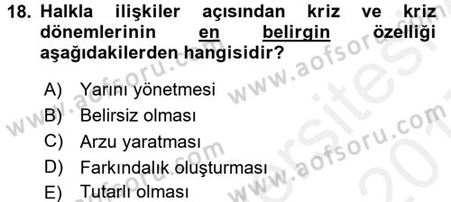 Halkla İlişkiler Dersi 2016 - 2017 Yılı (Final) Dönem Sonu Sınav Soruları 18. Soru