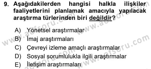 Halkla İlişkiler Dersi 2017 - 2018 Yılı 3 Ders Sınav Soruları 9. Soru