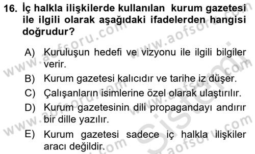 Halkla İlişkiler Dersi 2017 - 2018 Yılı (Vize) Ara Sınav Soruları 16. Soru