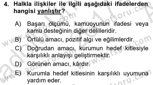 Halkla İlişkiler Dersi 2017 - 2018 Yılı (Vize) Ara Sınav Soruları 4. Soru