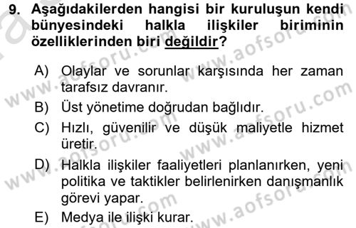 Halkla İlişkiler Dersi 2017 - 2018 Yılı (Vize) Ara Sınav Soruları 9. Soru