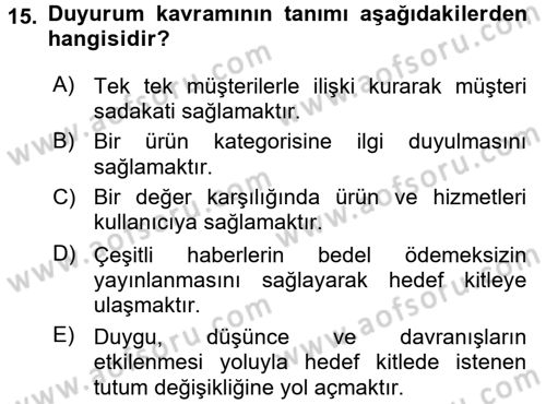 Halkla İlişkiler Dersi 2017 - 2018 Yılı (Final) Dönem Sonu Sınav Soruları 15. Soru