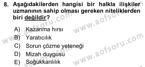 Halkla İlişkiler Dersi 2018 - 2019 Yılı (Vize) Ara Sınav Soruları 8. Soru
