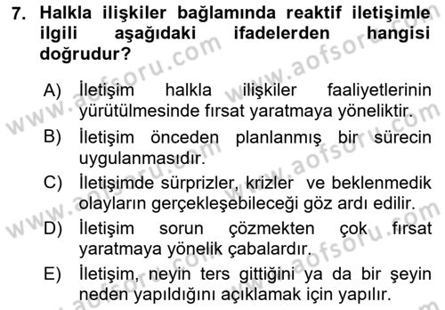 Halkla İlişkiler Dersi 2018 - 2019 Yılı (Final) Dönem Sonu Sınav Soruları 7. Soru