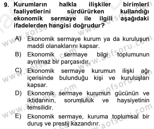 Halkla İlişkiler Dersi 2018 - 2019 Yılı (Final) Dönem Sonu Sınav Soruları 9. Soru