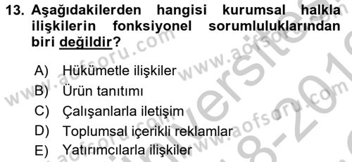 Halkla İlişkiler Dersi 2018 - 2019 Yılı Yaz Okulu Sınav Soruları 13. Soru