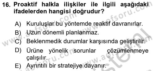 Halkla İlişkiler Dersi 2018 - 2019 Yılı Yaz Okulu Sınav Soruları 16. Soru