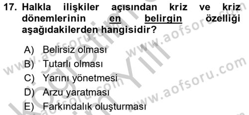 Halkla İlişkiler Dersi 2018 - 2019 Yılı Yaz Okulu Sınav Soruları 17. Soru