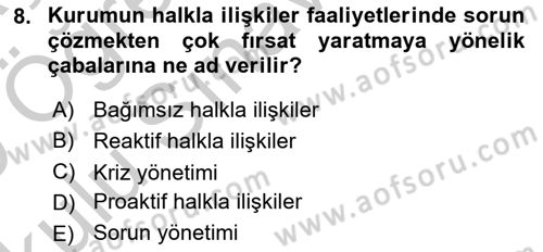 Halkla İlişkiler Dersi 2018 - 2019 Yılı Yaz Okulu Sınav Soruları 8. Soru