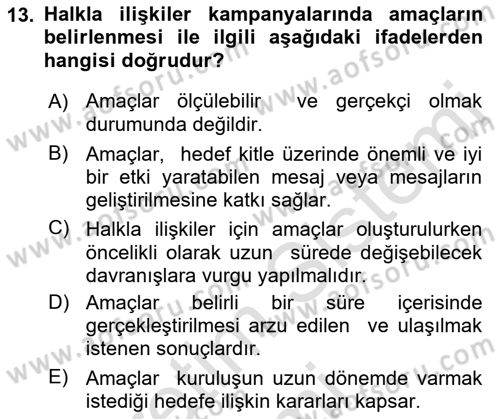 Halkla İlişkiler Dersi 2019 - 2020 Yılı (Vize) Ara Sınavı 13. Soru