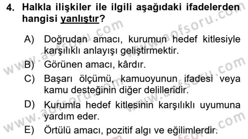 Halkla İlişkiler Dersi 2019 - 2020 Yılı (Vize) Ara Sınav Soruları 4. Soru