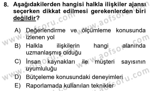 Halkla İlişkiler Dersi 2019 - 2020 Yılı (Vize) Ara Sınav Soruları 8. Soru
