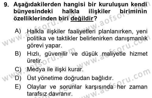 Halkla İlişkiler Dersi 2019 - 2020 Yılı (Vize) Ara Sınav Soruları 9. Soru