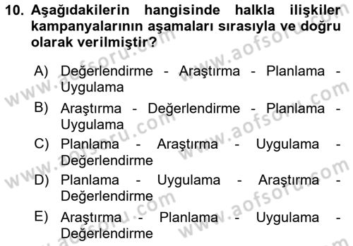 Halkla İlişkiler Dersi 2019 - 2020 Yılı (Final) Dönem Sonu Sınav Soruları 10. Soru