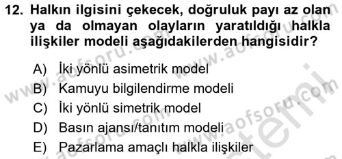 Halkla İlişkiler Dersi 2020 - 2021 Yılı Yaz Okulu Sınav Soruları 12. Soru