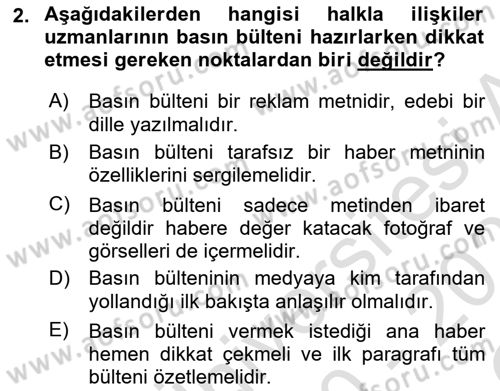 Halkla İlişkiler Dersi 2020 - 2021 Yılı Yaz Okulu Sınav Soruları 2. Soru