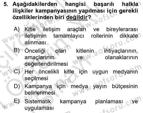 Halkla İlişkiler Dersi 2020 - 2021 Yılı Yaz Okulu Sınav Soruları 5. Soru