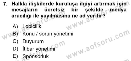 Halkla İlişkiler Dersi 2020 - 2021 Yılı Yaz Okulu Sınav Soruları 7. Soru
