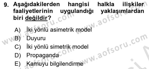 Halkla İlişkiler Dersi 2020 - 2021 Yılı Yaz Okulu Sınav Soruları 9. Soru