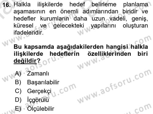 Halkla İlişkiler Dersi 2021 - 2022 Yılı (Vize) Ara Sınav Soruları 16. Soru