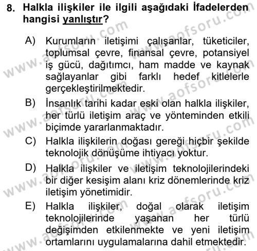 Halkla İlişkiler Dersi 2021 - 2022 Yılı (Vize) Ara Sınavı 8. Soru