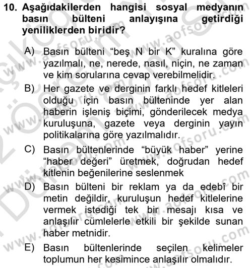 Halkla İlişkiler Dersi 2021 - 2022 Yılı (Final) Dönem Sonu Sınav Soruları 10. Soru